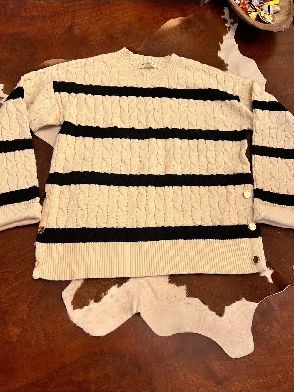 Marled Cream Cable-Knit Sweater with Black Stripes & Side Buttons